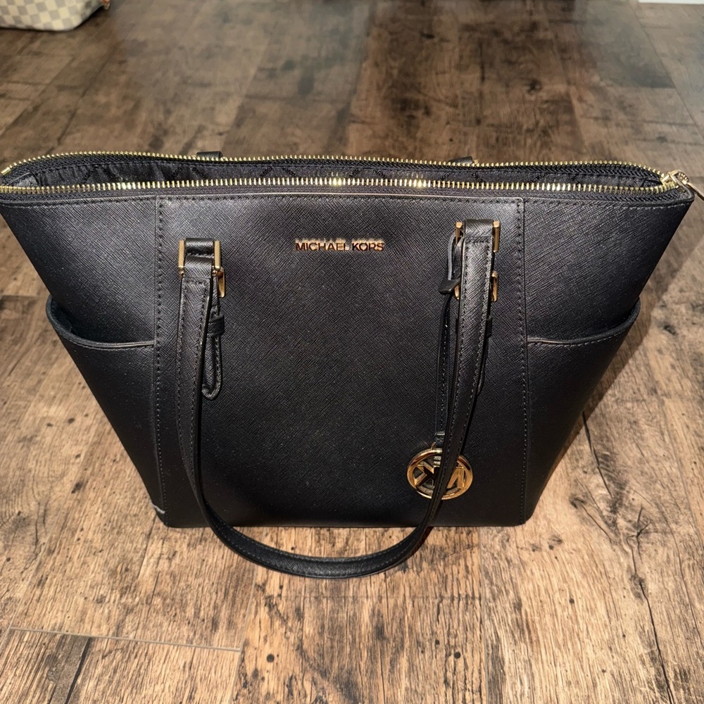Michael Kors Black Leather Tote with Gold Hardware